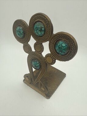 VTG Israel MCM Brass Bookend w/ crushed Turquoise inlay 6x3”